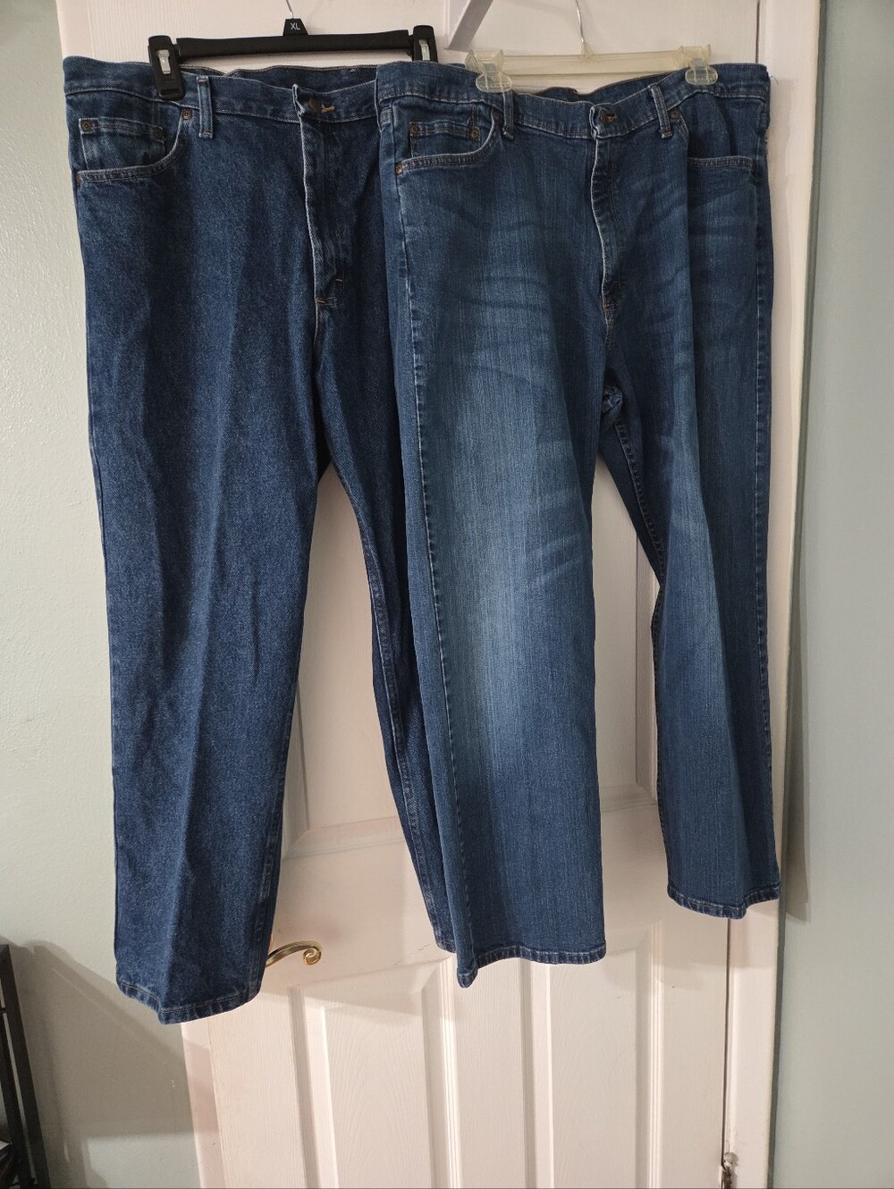 Wrangler Men's Straight Jeans in Medium and Dark Blue.  2 pair.  40x29